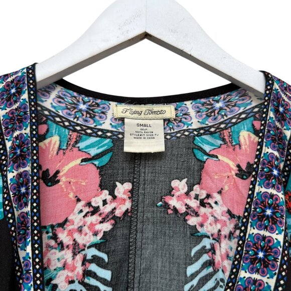 Flying Tomato Kimono Top Small Black Floral Boho Crossover Blouse Rayon Crop - Picture 6 of 8